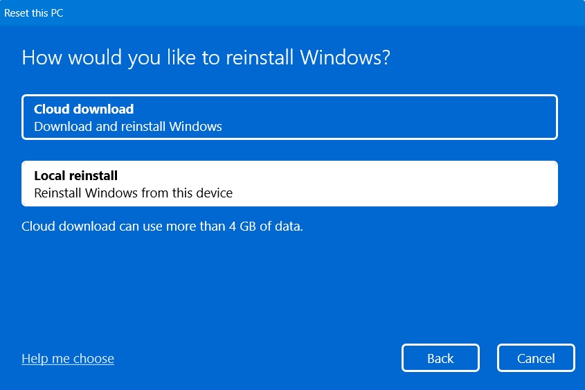 Choosing local reinstall while resetting a Windows PC. 