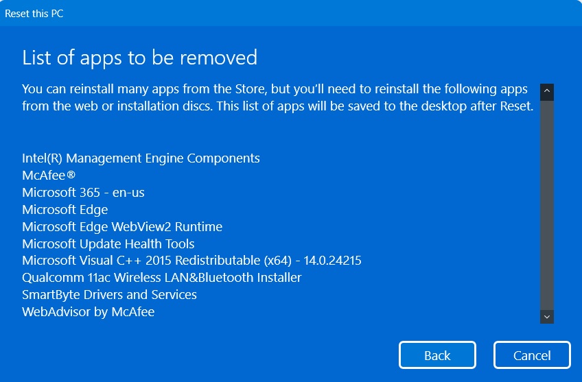 List of apps to be removed during Windows reset consisting of preinstalled manufacturer apps. 