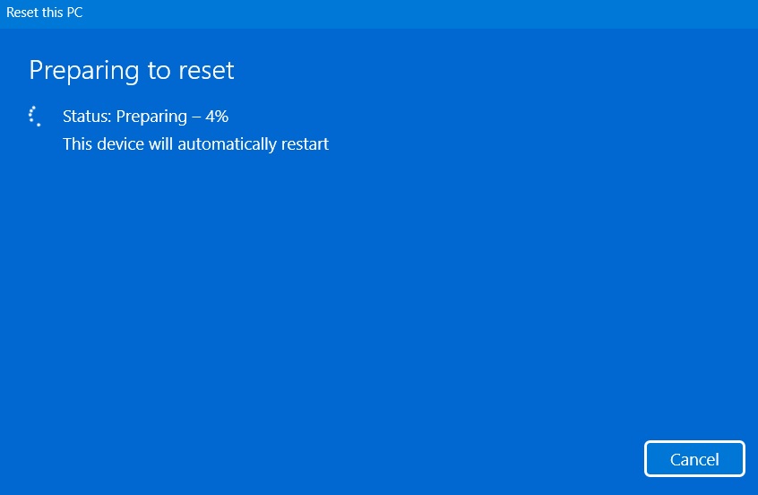 Preparing Windows device for reset and local reinstallation of Windows. 