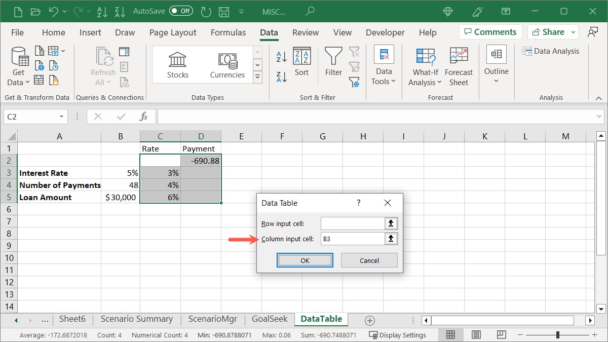Column Input Cell field for a Data Table