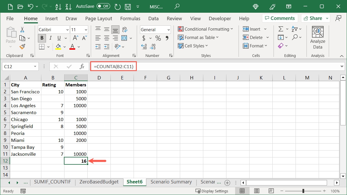 COUNTA function in Excel