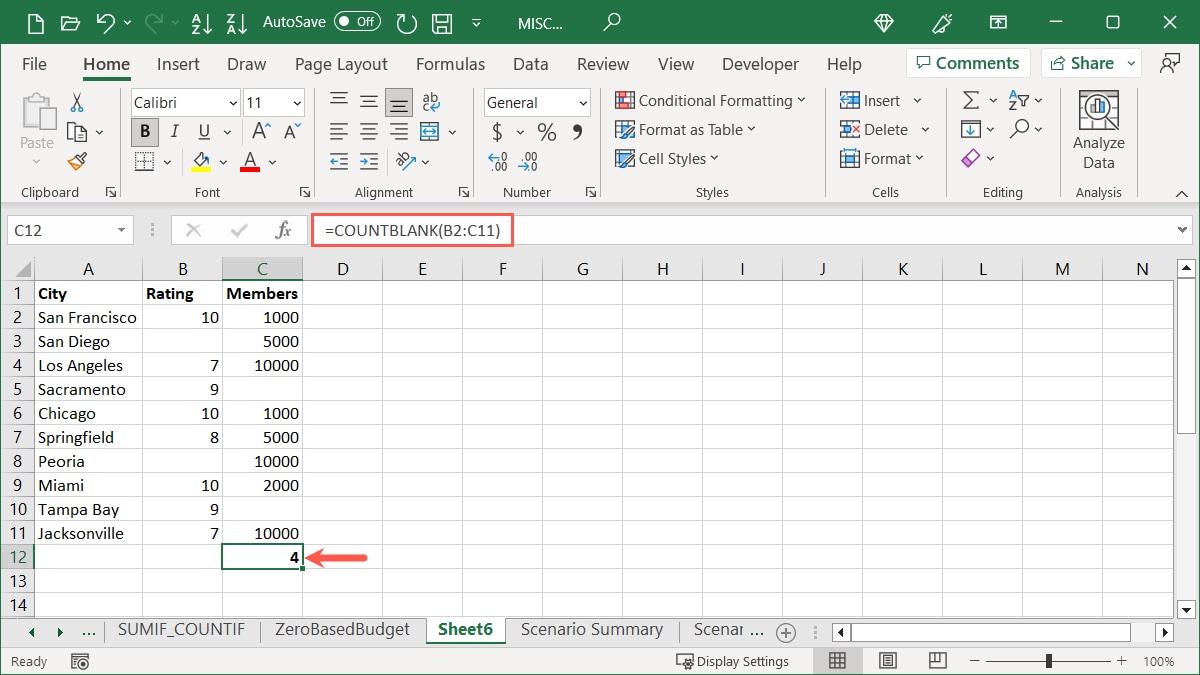 COUNTBLANK function in Excel