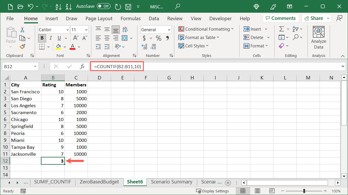 COUNTIF function using values in Excel