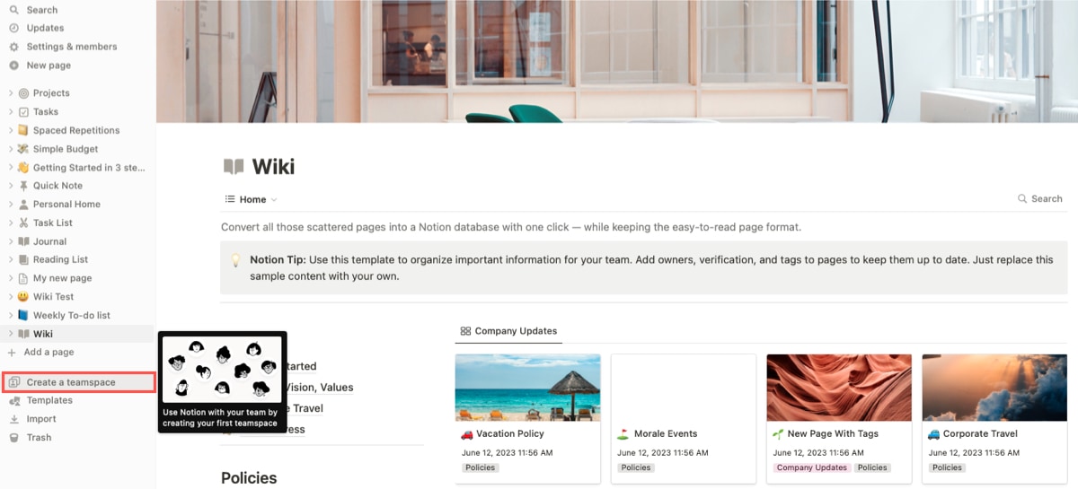 Create a Teamspace link in Notion