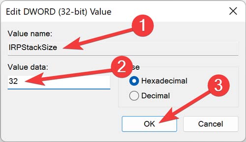 Creating Irpstacksize Value 1