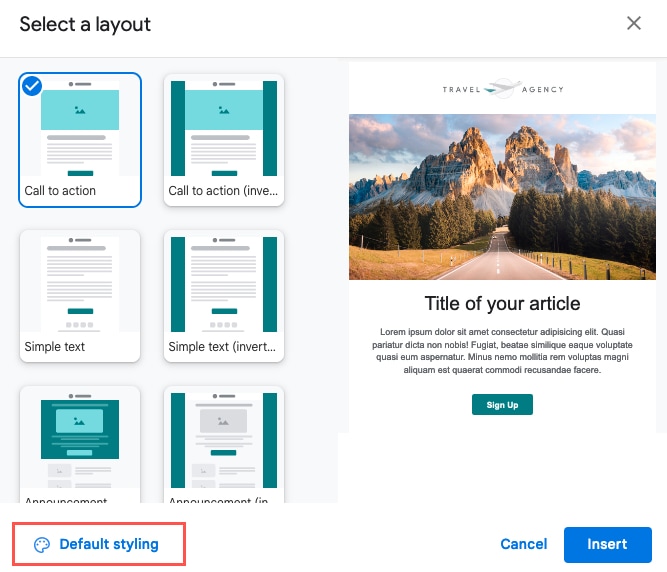 Default Styling in the Layouts window
