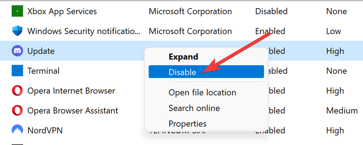 Disabling Startup Items On Task Manager