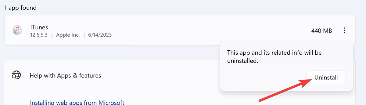 Clicking "Uninstall" button to finish process of uninstalling app.