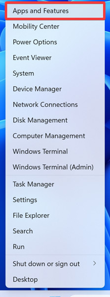 Clicking on "Apps & Features" in WinX menu.