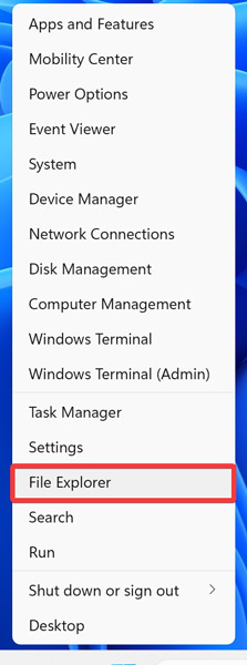 Clicking on "File Explorer" option in WinX menu.