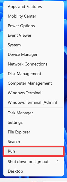 Clicking on "Run" option in WinX menu.