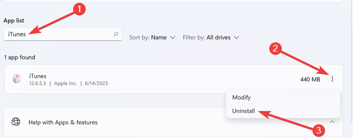 Finding iTunes under Installed apps in Windows.