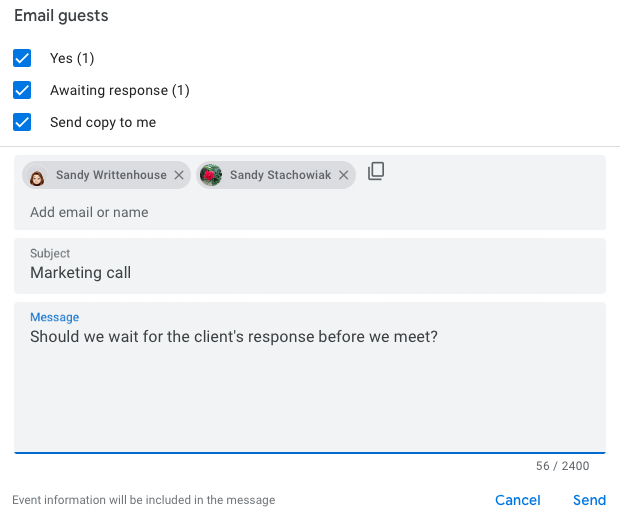 Email Guests message window