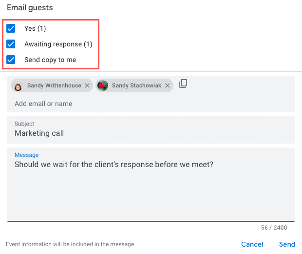 Email Guests message options
