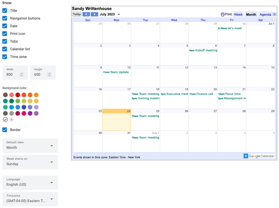 Embeddable Google Calendar page