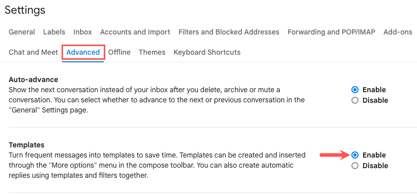 Enable Templates on the Advanced tab