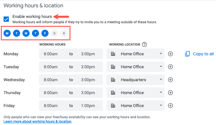 Enable Working Hours and days in Google Calendar