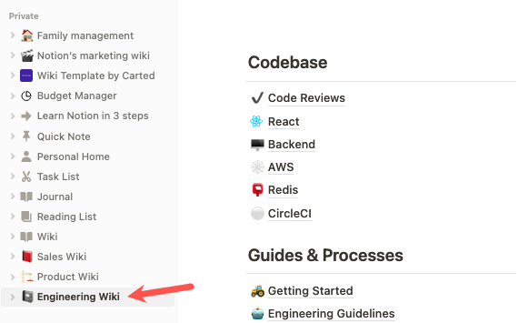 Engineering Wiki template in the Notion sidebar