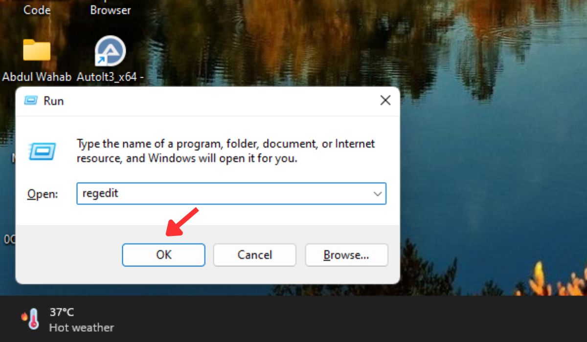 Typing "regedit" in Run window.