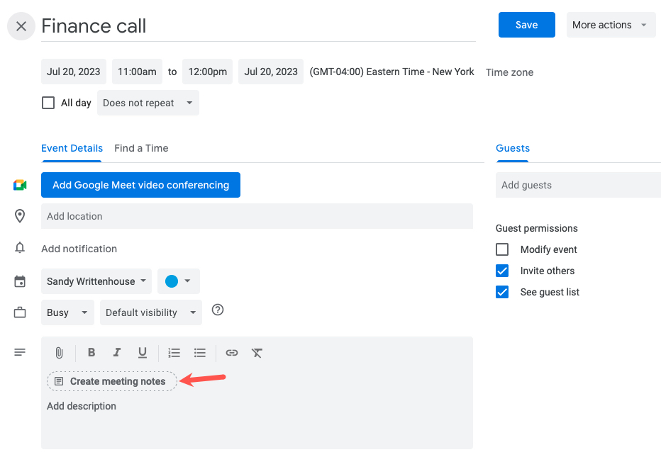Event Detail page Create Meeting Notes button