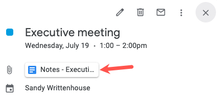 Event popup with the Meeting Notes icon