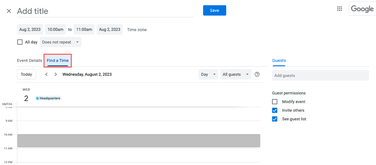 Find a Time on the event detail page