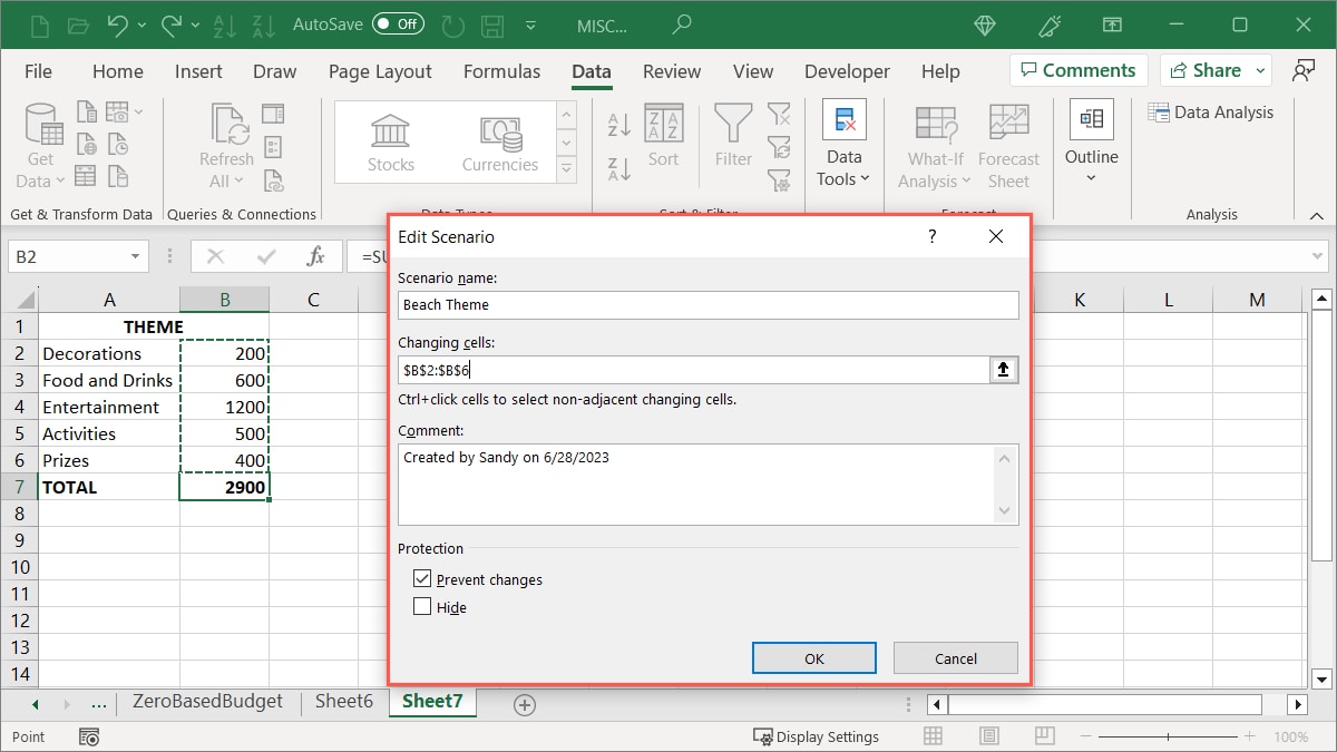 First Scenario setup in Excel