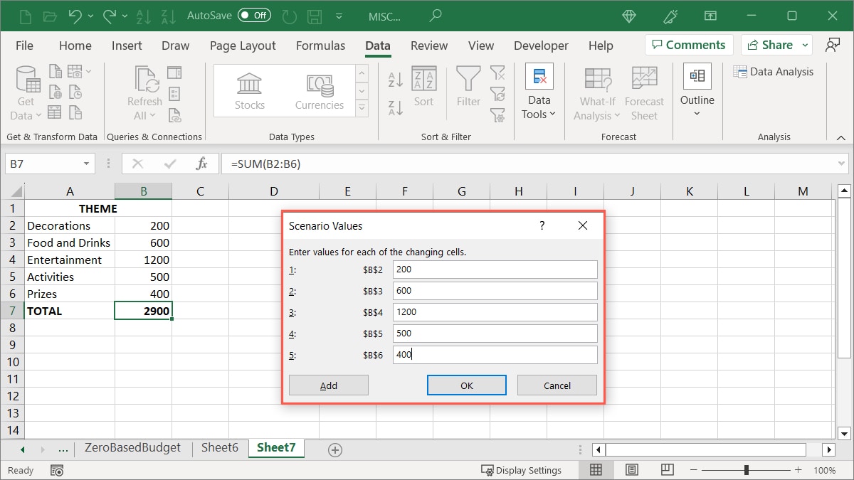 First Scenario values in Excel