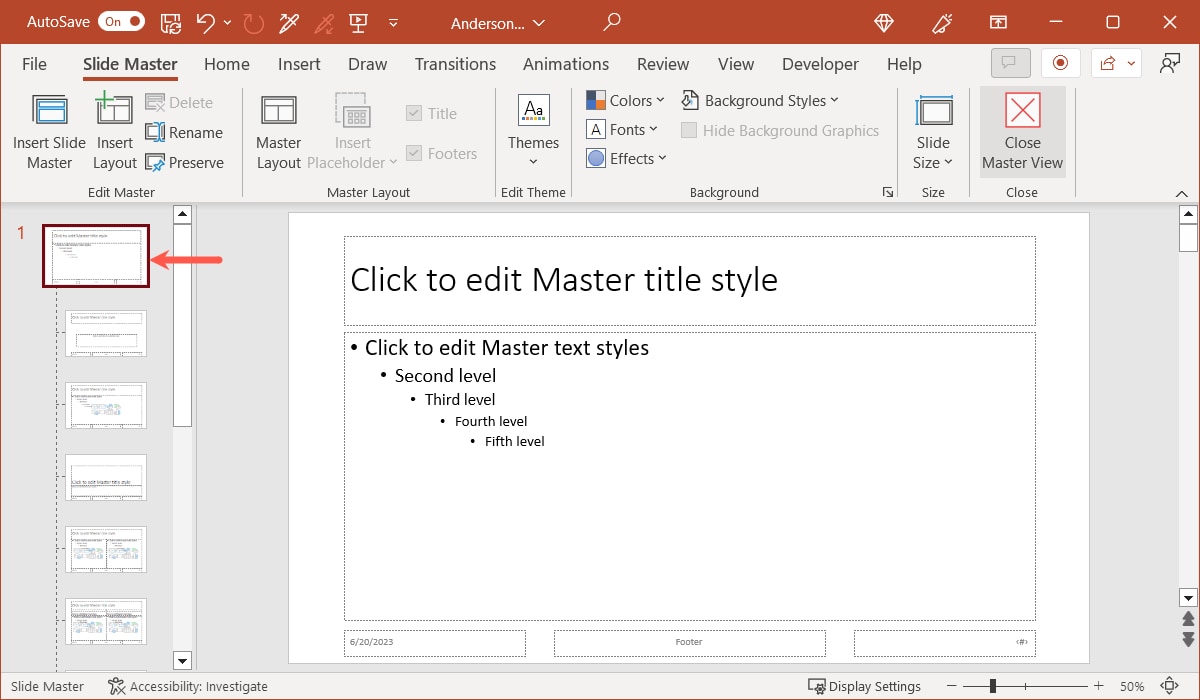 First slide in Slide Master 