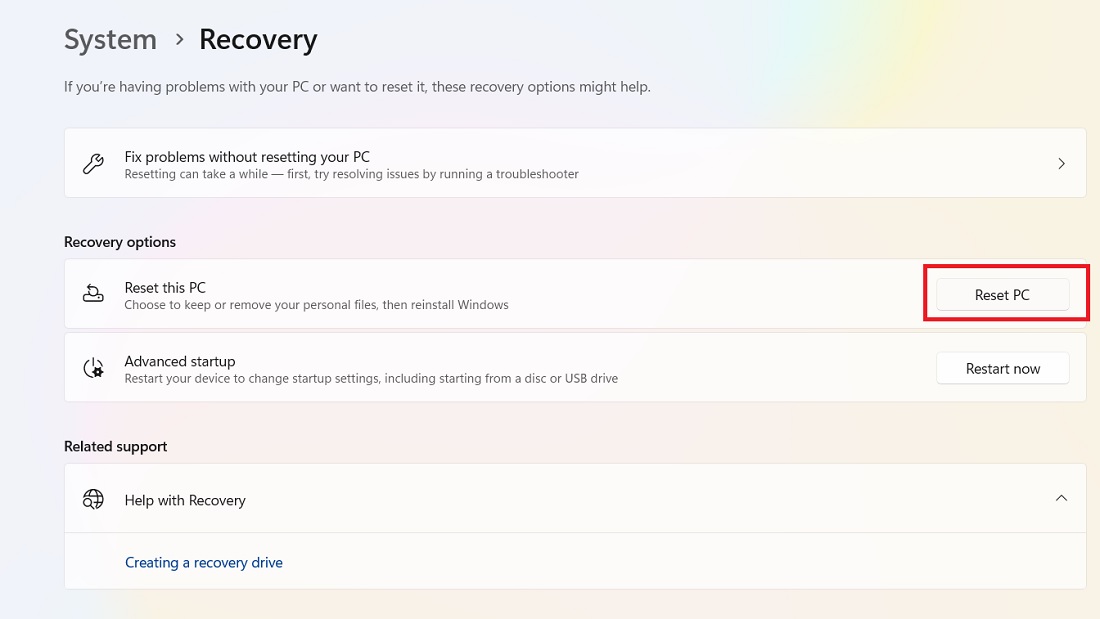 Reset PC option in Recovery.