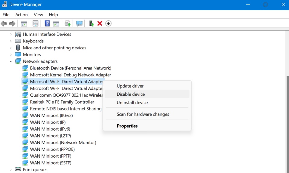 fix-wifi-not-working-windows-10-disable-device Right click to select "disable device" in Microsoft Wi-Fi Direct Virtual Adapter.