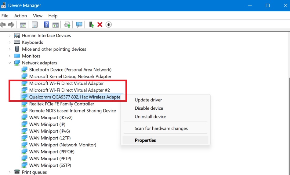 Right-click on network adapters to view its Properties.