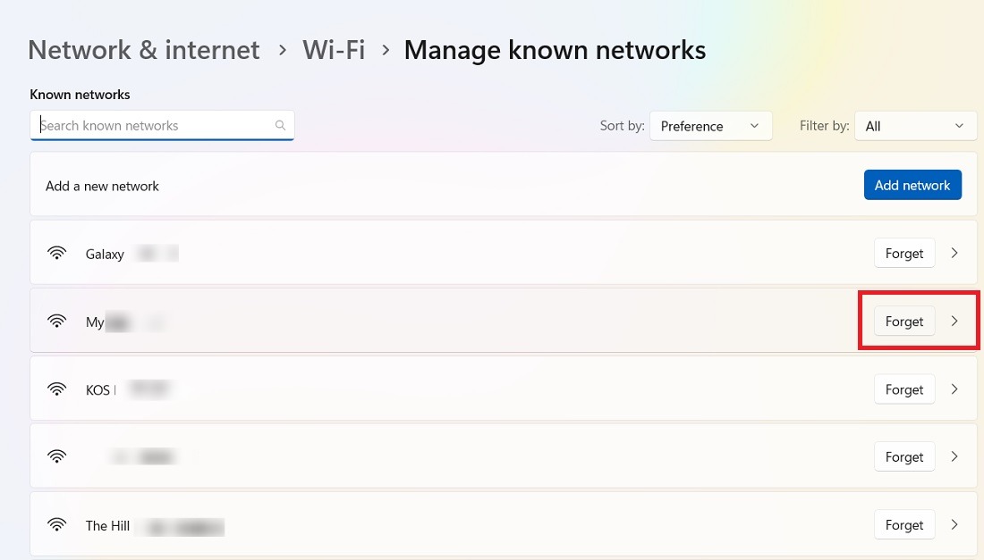 Forget Wi-Fi Networks from Network & Internet settings.
