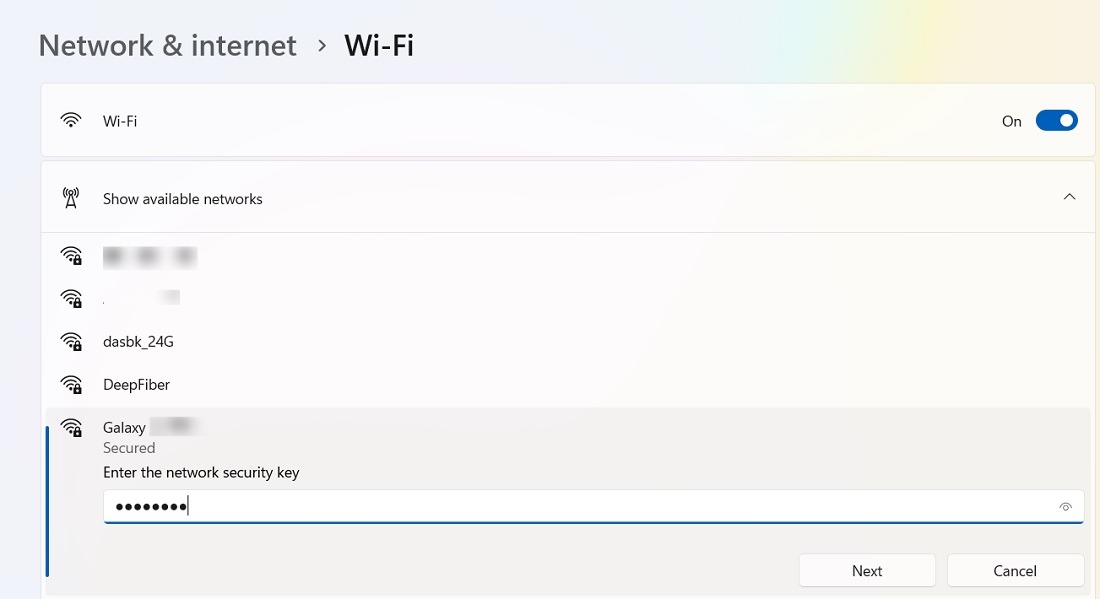 Reconnect a Wi-Fi network by entering the network security key.