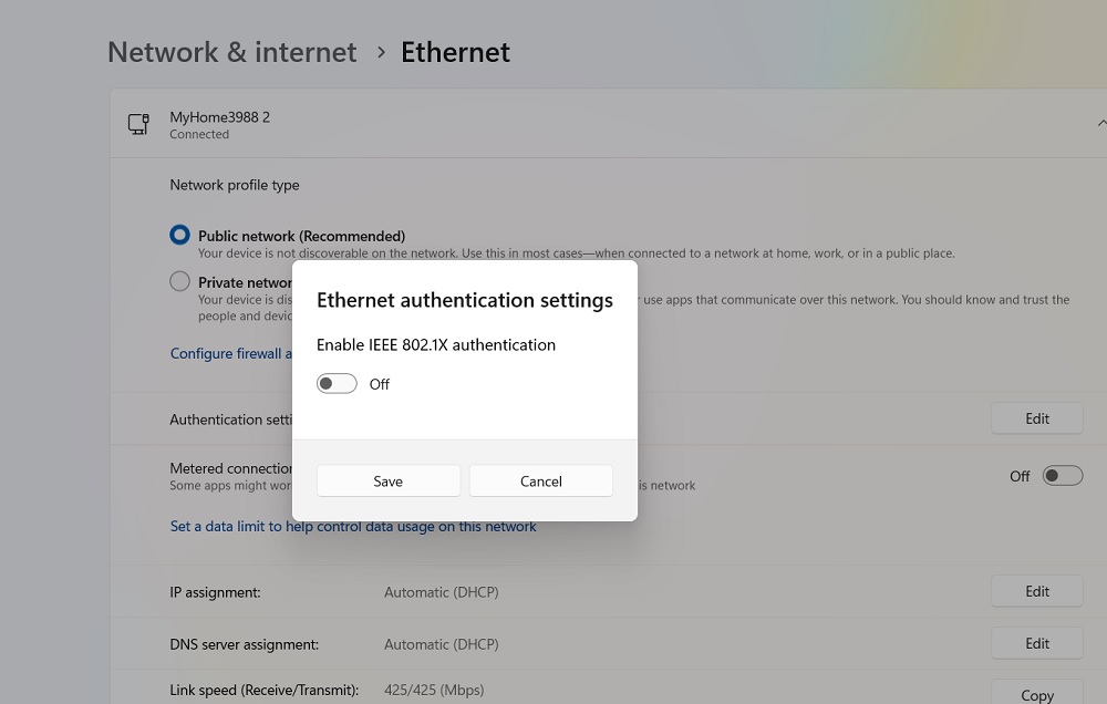 Turn off IEEE 802.1X authentication in Ethernet authentication settings.