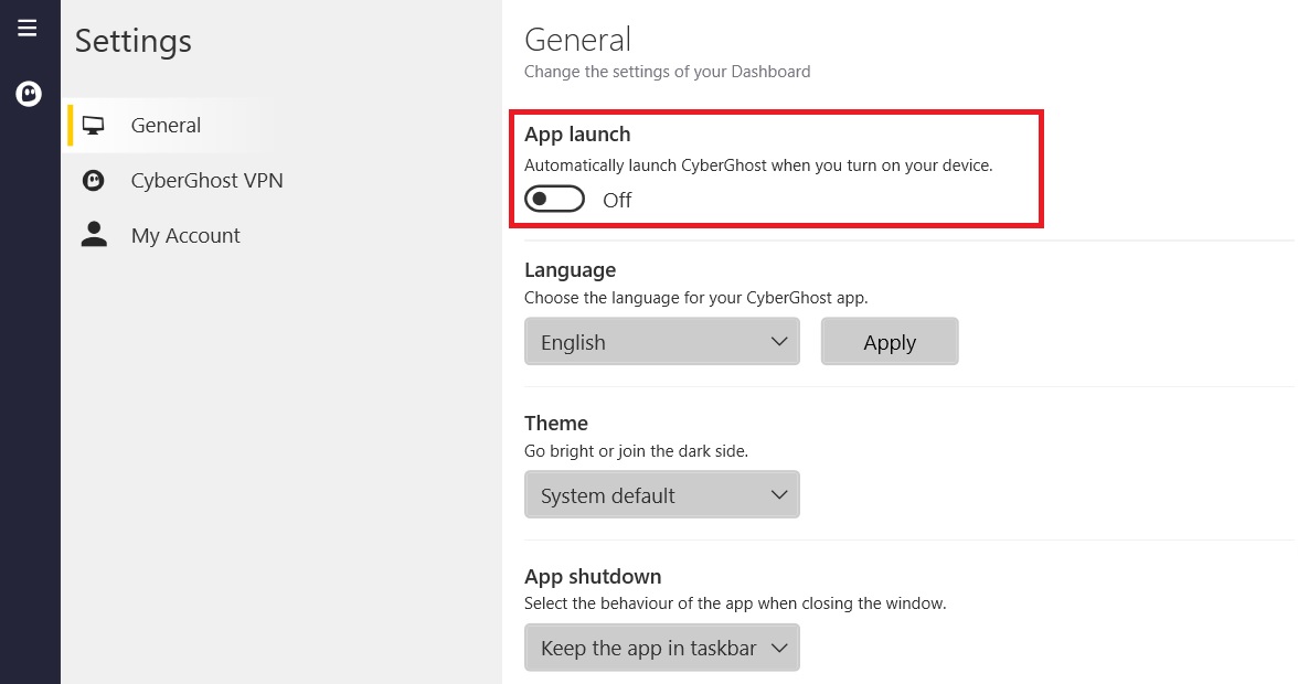 Disabling CyberGhost VPN during PC start enabled from within the program.