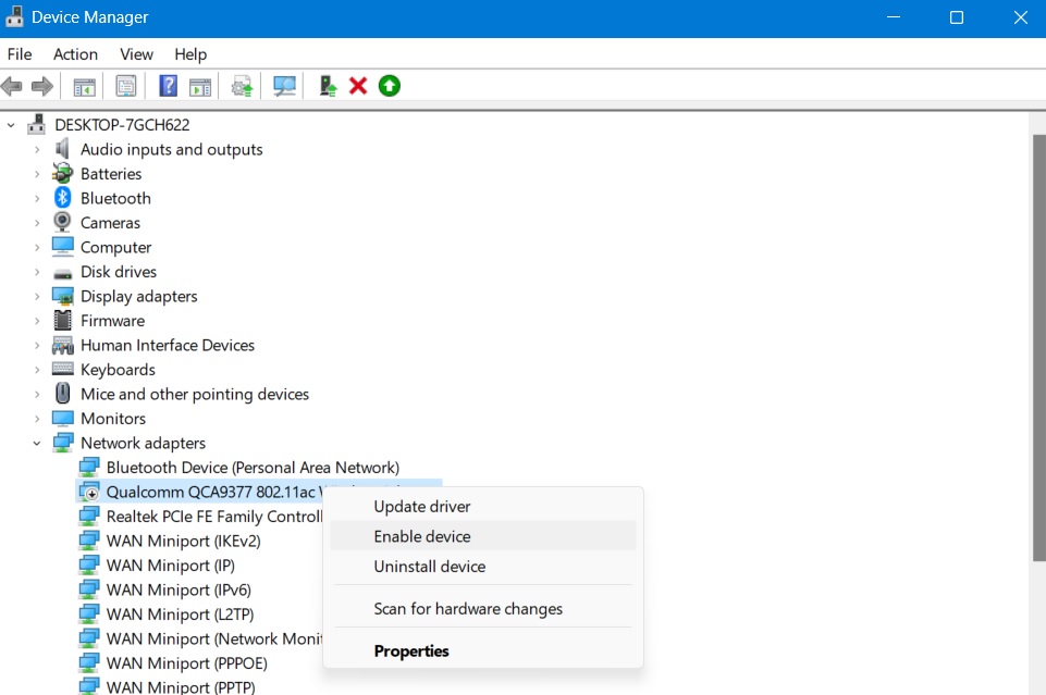 Enable a Wi-Fi adapter device by right-clicking it.