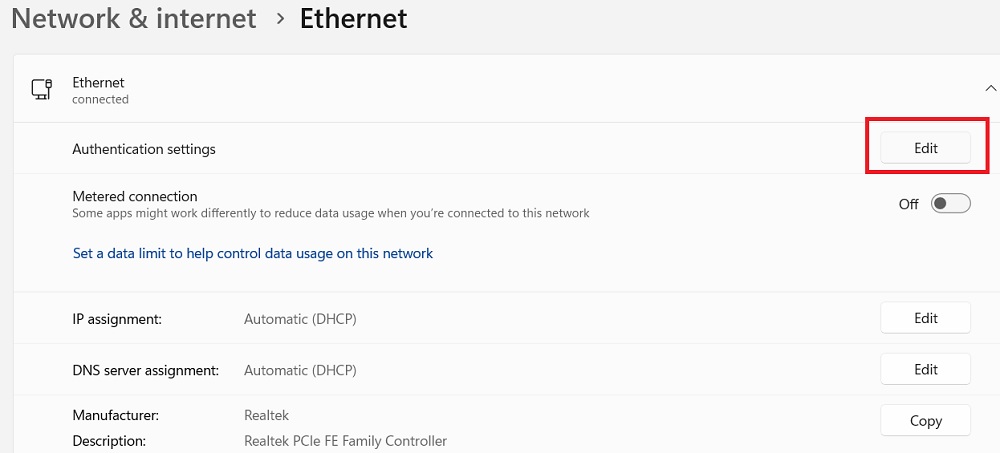 Click "Edit" next to "Authentication settings" of Ethernet under network and internet.