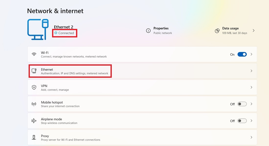 Ethernet connected status on Windows device. Click to view more Ethernet options.