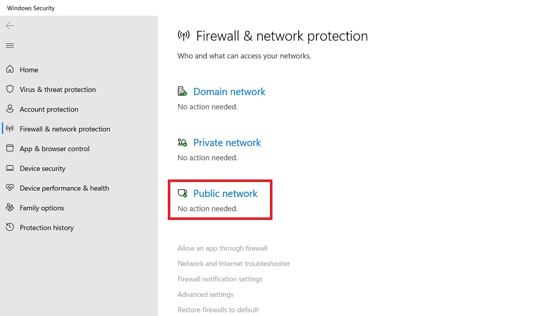 Clicking "Public network" under "Firewall & network protection" in Windows Security.