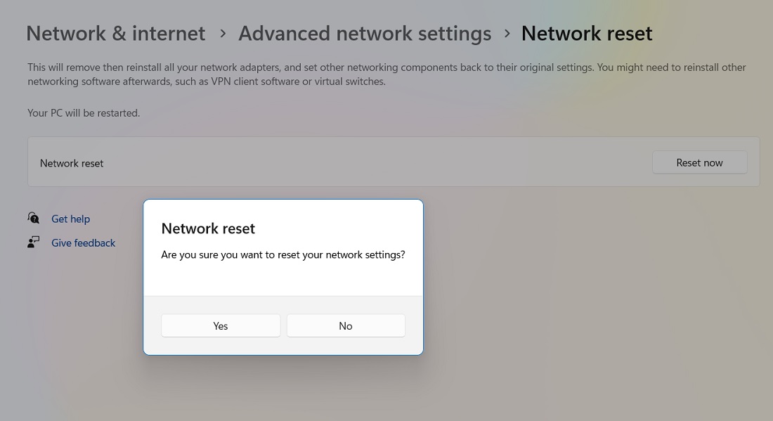 "Network reset" pop-up confirmation window.