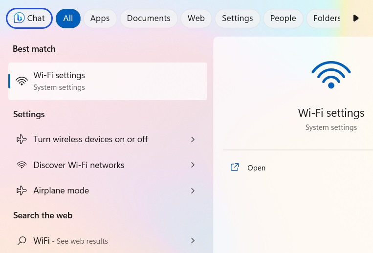 Open Wi-Fi Settings from Windows search menu,
