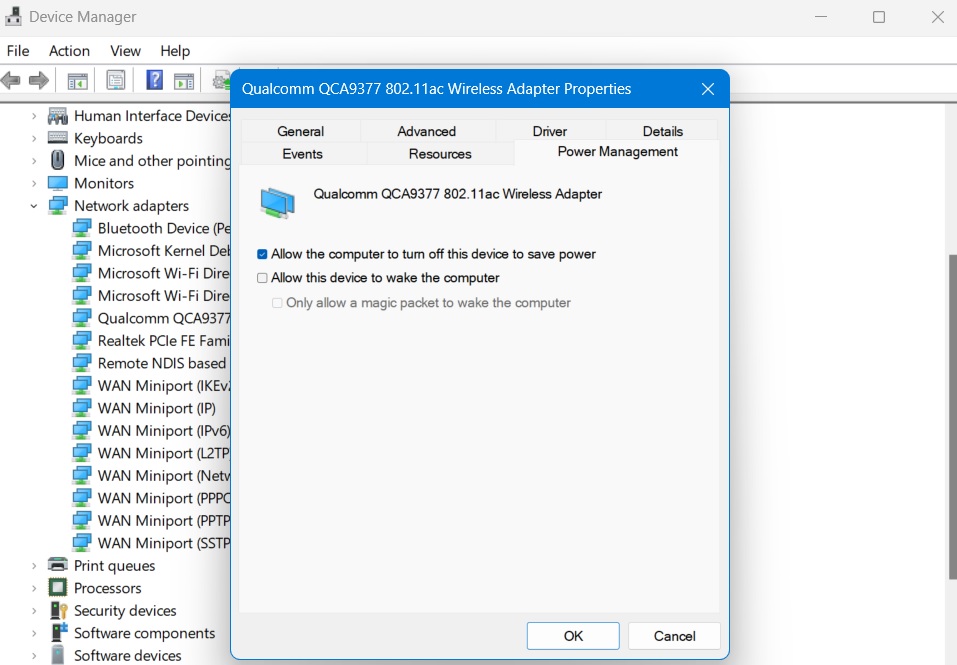 fix-wifi-not-working-windows-10-wifi-settings "Allow the computer to turn off this device to save power" enabled under Power Management.