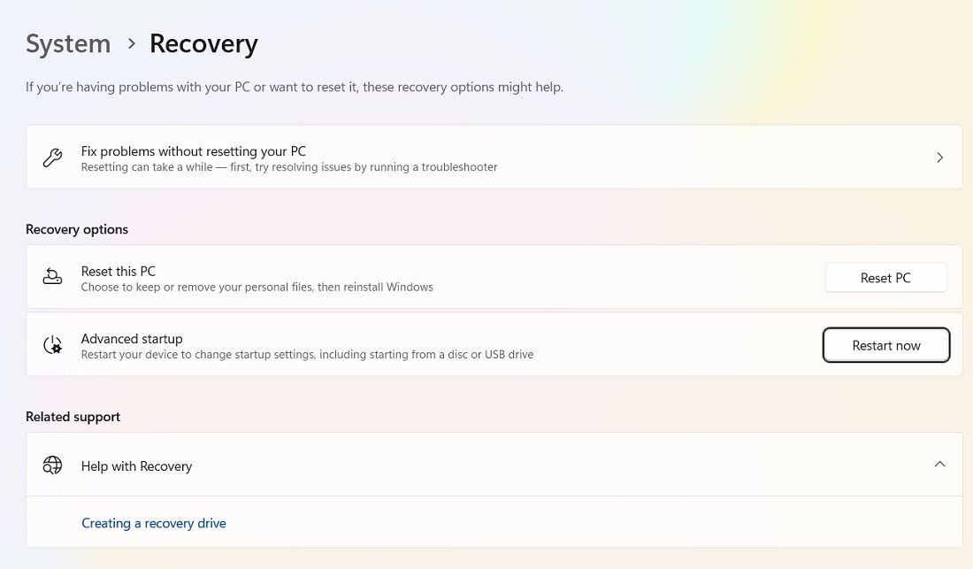 Click Restart now in Advanced Startup. 