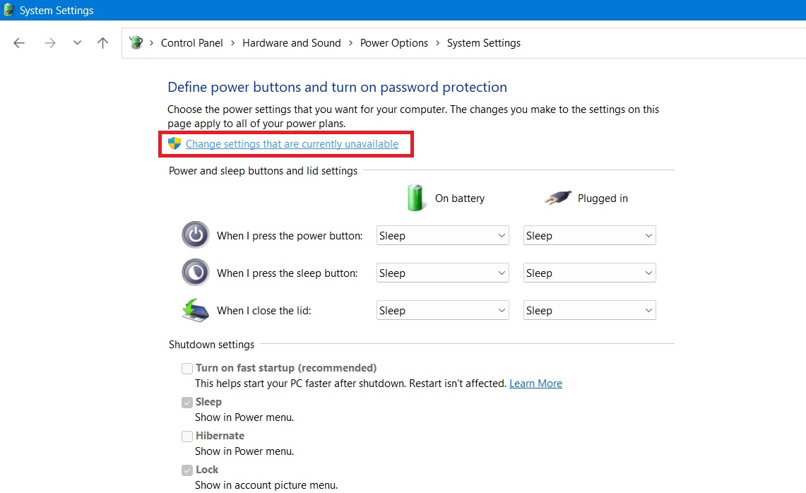 Click "change settings that are currently unavailable" in Control Panel. 