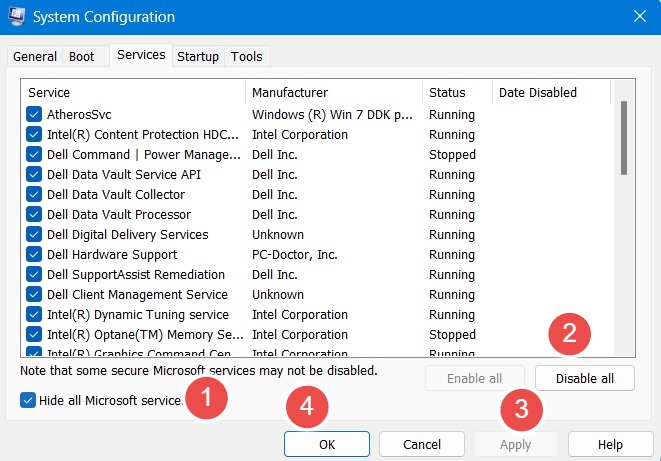The steps to perform a clean boot using the System Configuration utility.