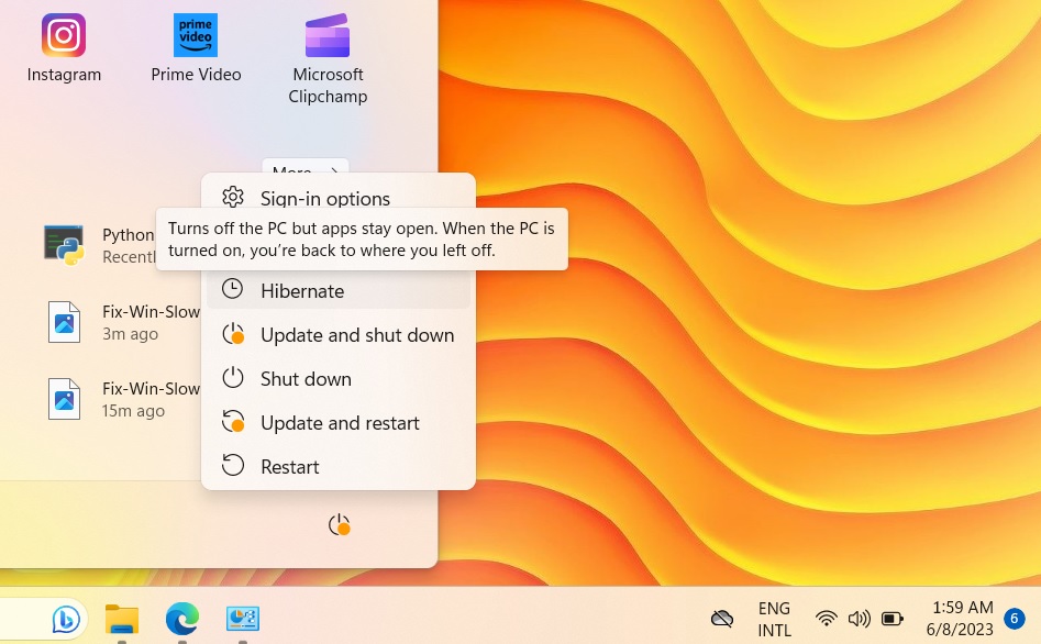 Hibernate option in Start menu. 