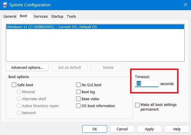 Set boot timeout period in System Configuration window. 