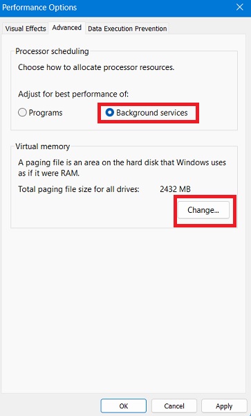 Menus under Advanced in Performance Options. 
