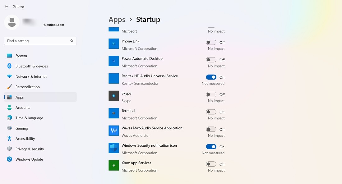 Disabling startup apps from Settings. 